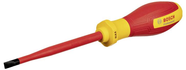 Red and yellow screwdriver with a flat blade, brand name 'Bosch' on the handle.