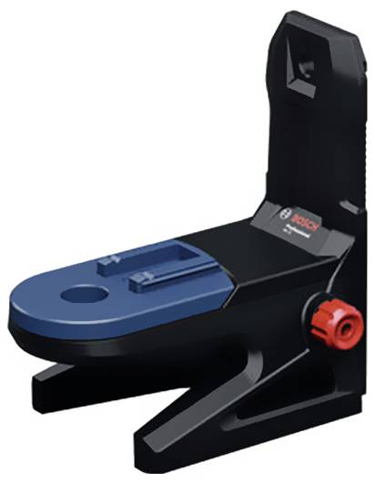 Black plastic and blue metal mounting bracket for laser devices, with a red adjustment knob for fine-tuning. Bosch logo visible.