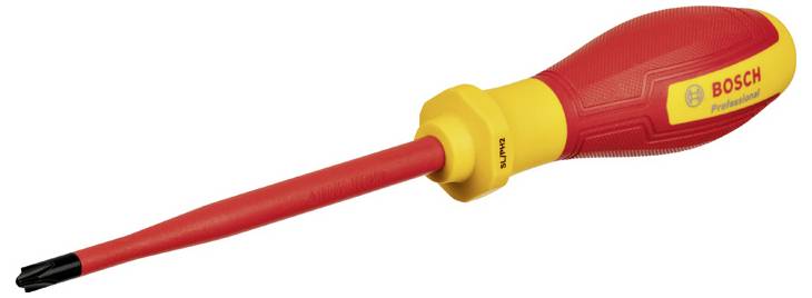Red and yellow screwdriver from Bosch Professional with insulated handle.