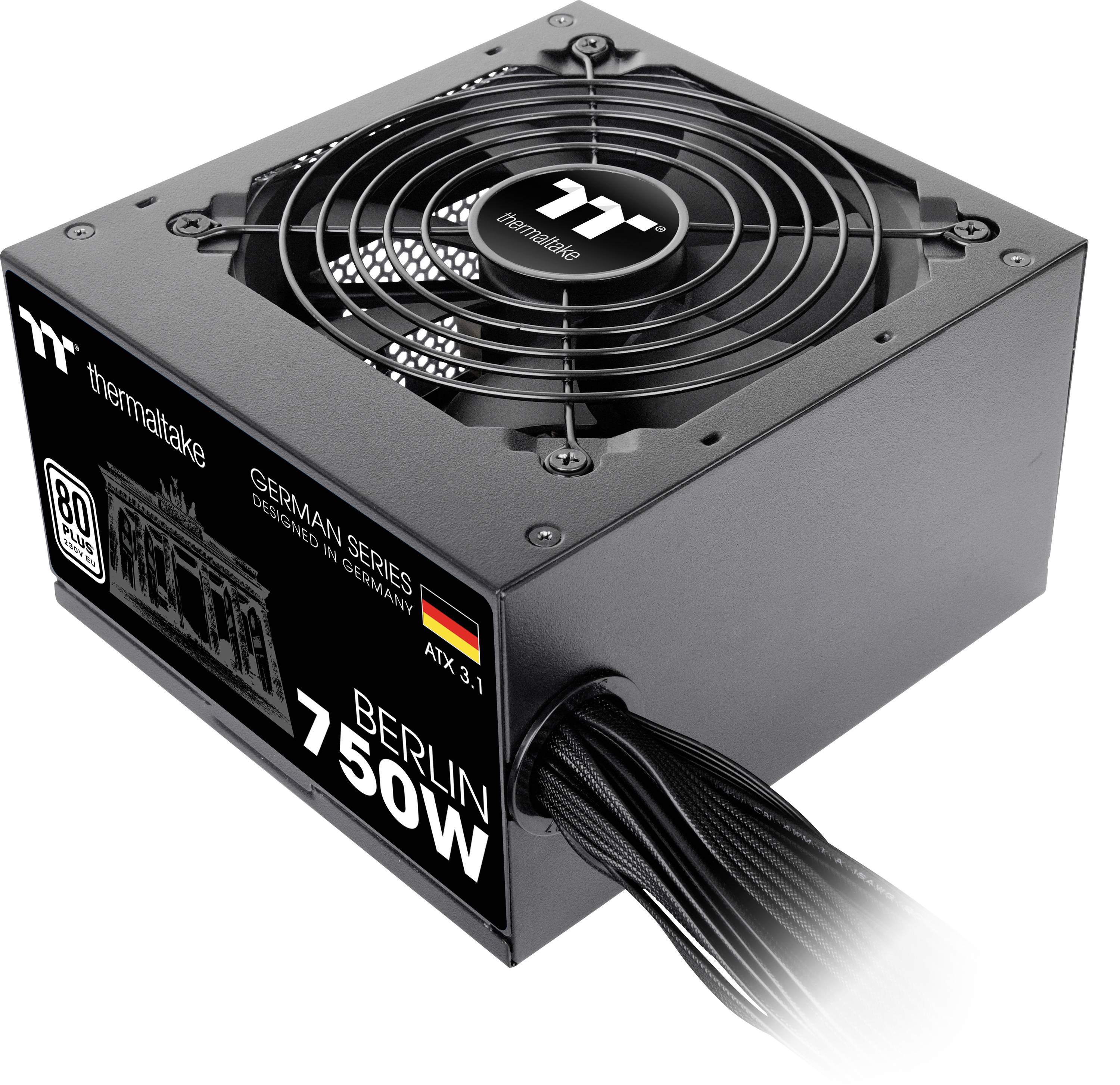 Black power supply 'Thermaltake Berlin 750W' with fan and cables, suitable for ATX 3.1, pictured with German flag.