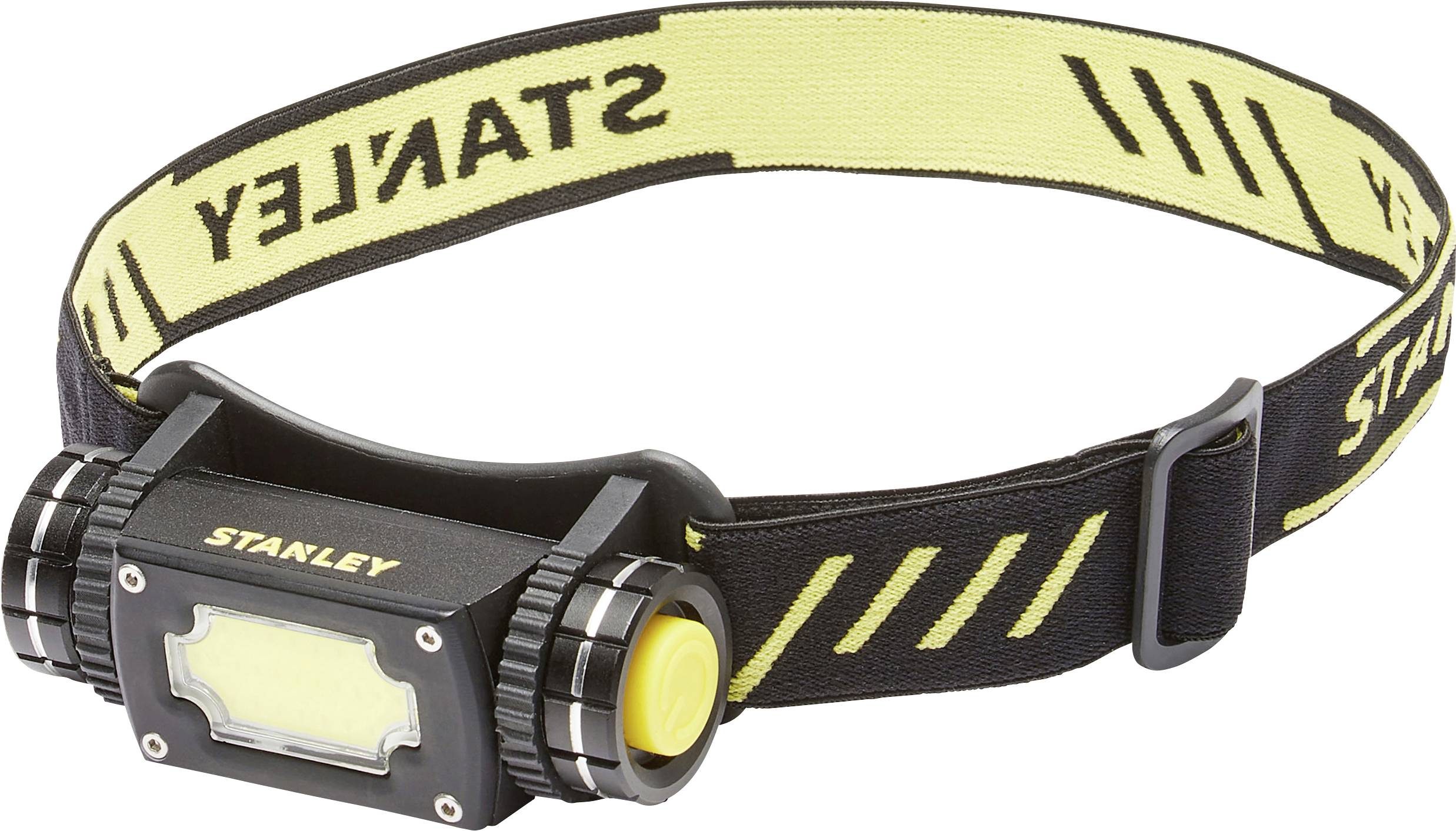 Head torch with yellow light and adjustable, elastic headband. Brand name 'STANLEY' in black on yellow band.