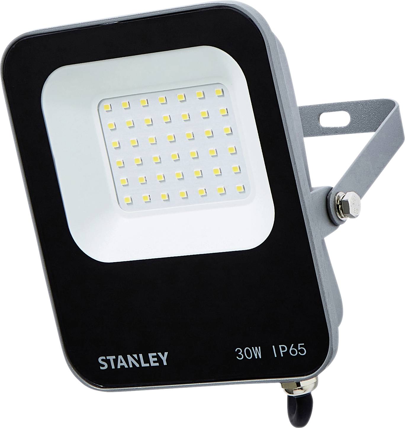 Outdoor LED floodlight with adjustable bracket, labeled 'STANLEY 30W IP65', suitable for weather-resistant lighting applications.