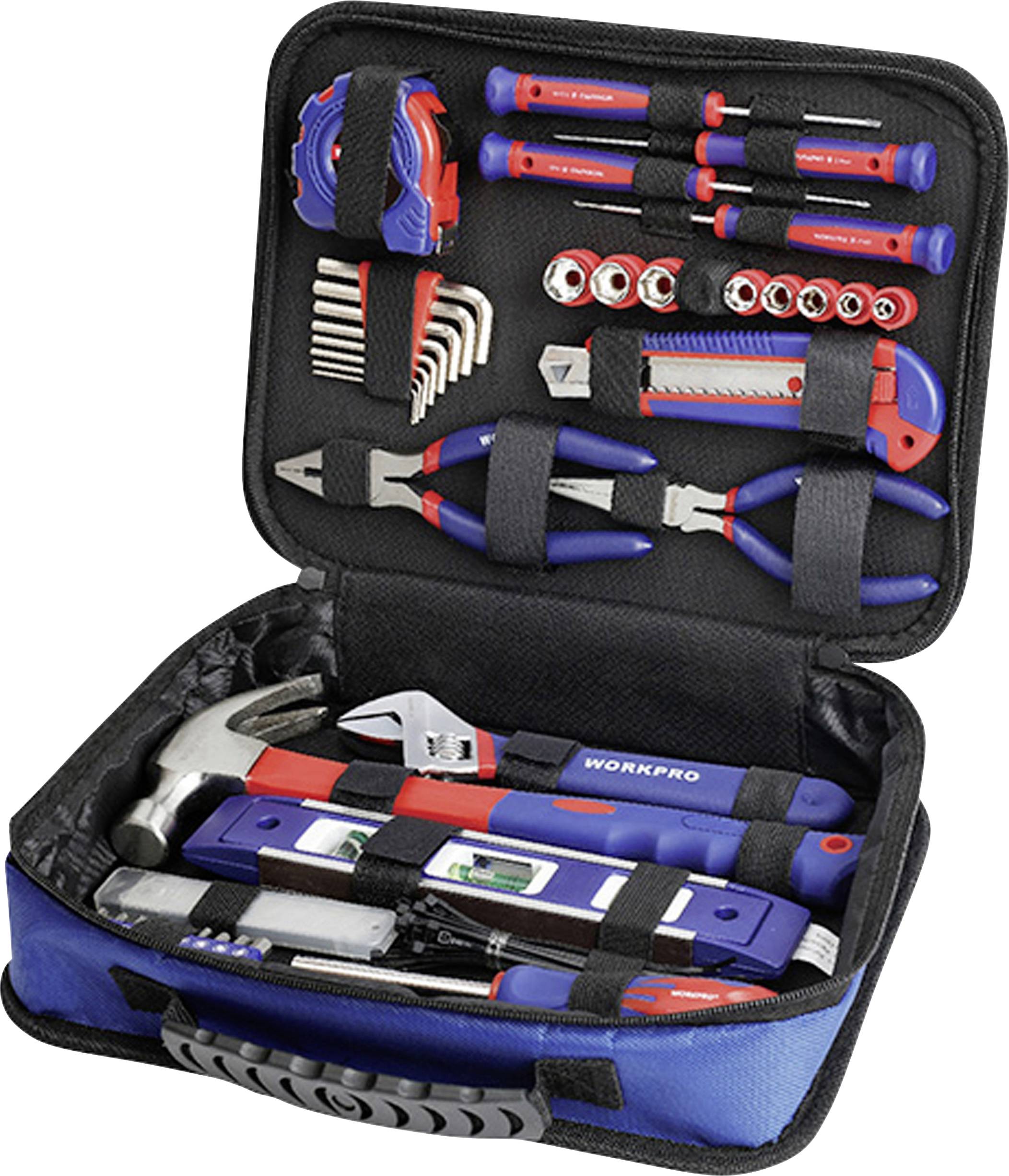 An open tool bag with a hammer, screwdrivers, pliers, spanners, and Allen keys organised in compartments.