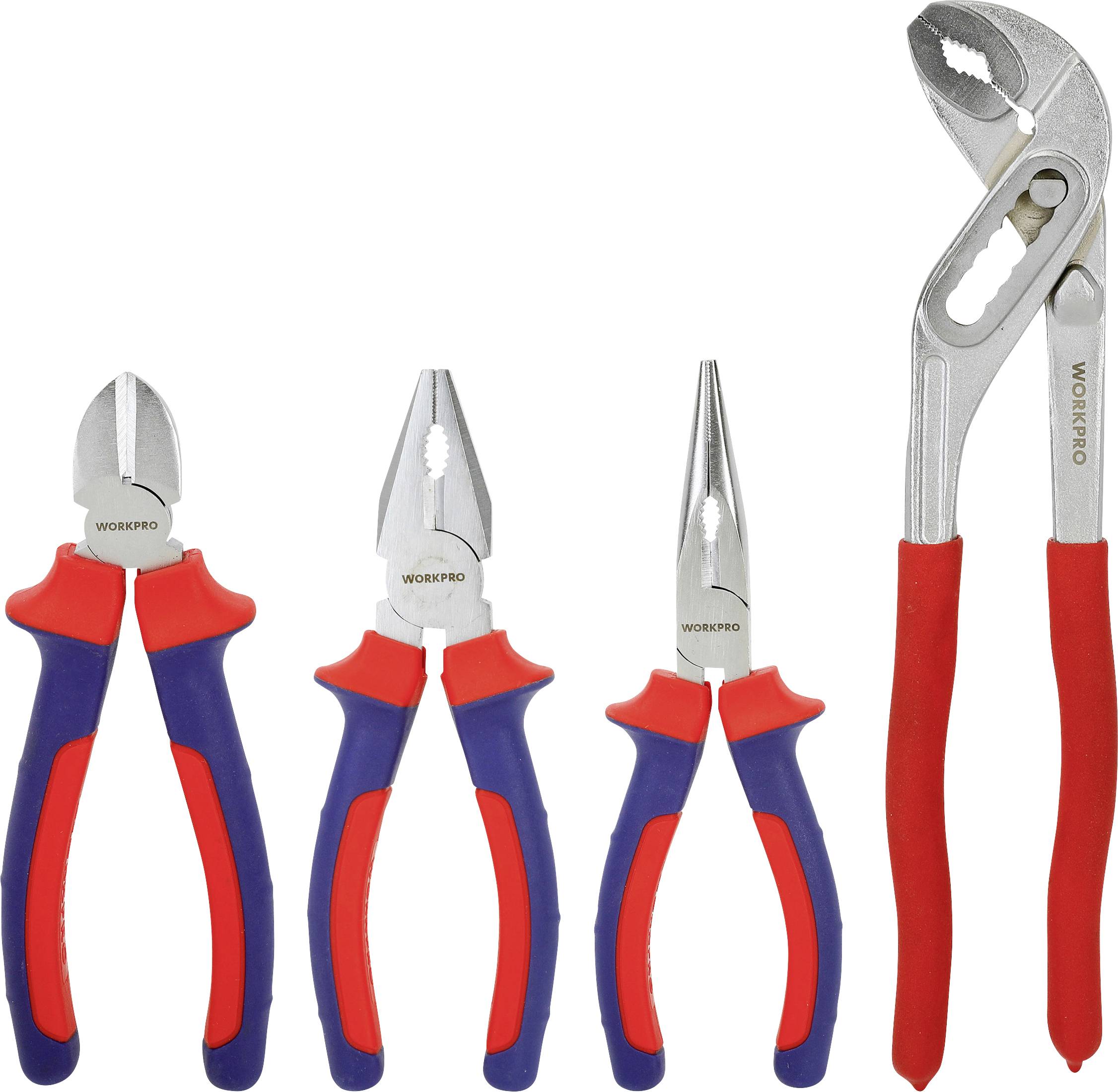 A set of four pliers with red and blue handles, including a diagonal cutter, needle nose, slip joint, and groove joint pliers, displayed upright.