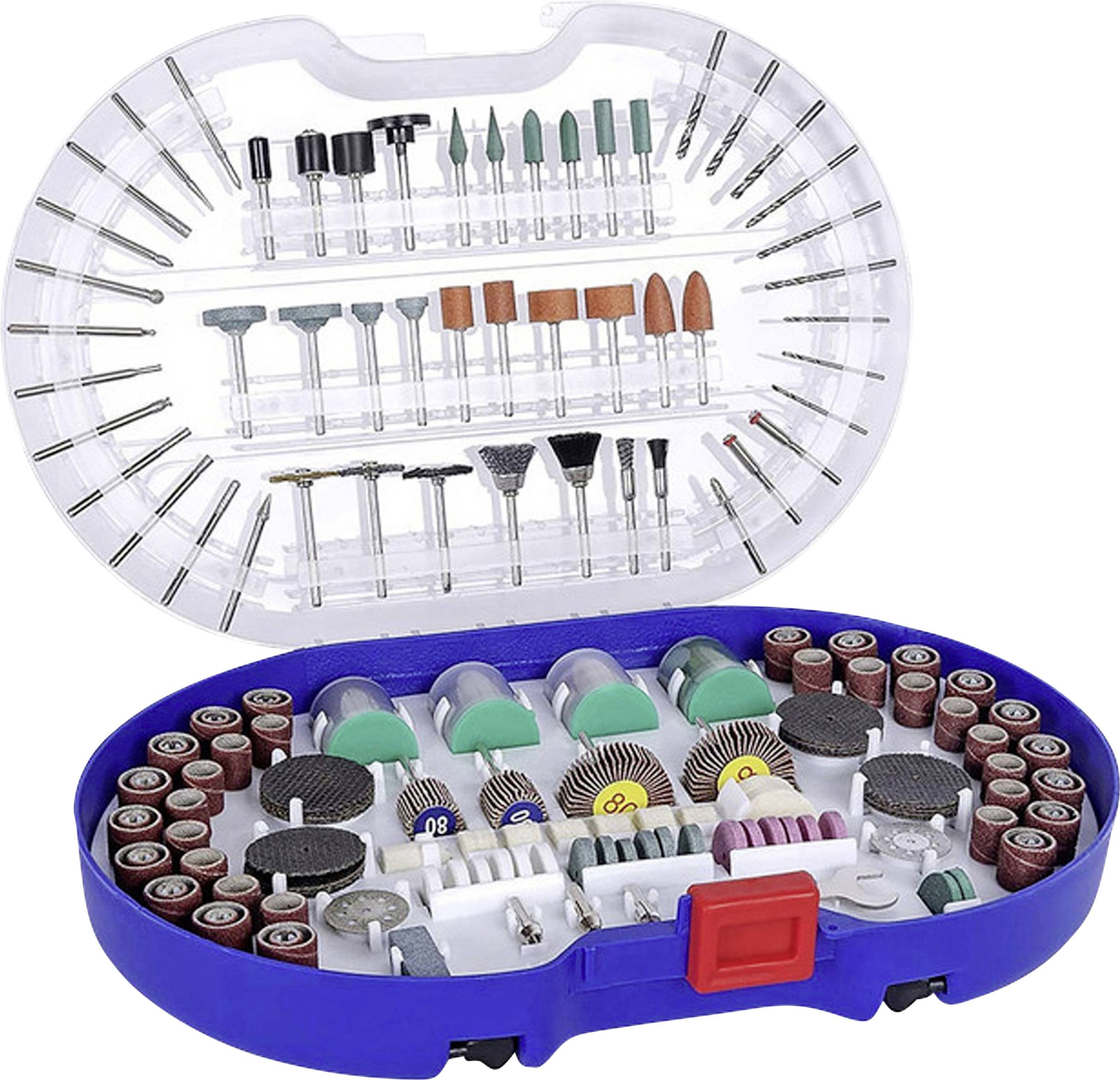 An open suitcase containing a wide variety of Dremel tool accessories, including grinding and polishing heads as well as cutting discs.