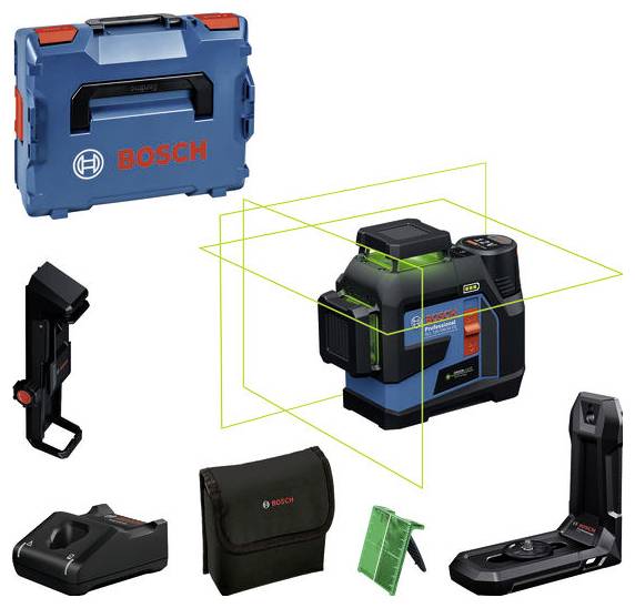 Bosch laser levelling set with cross-line laser, mounting brackets, charger, target plate, bag and case shown. Ideal for construction projects.