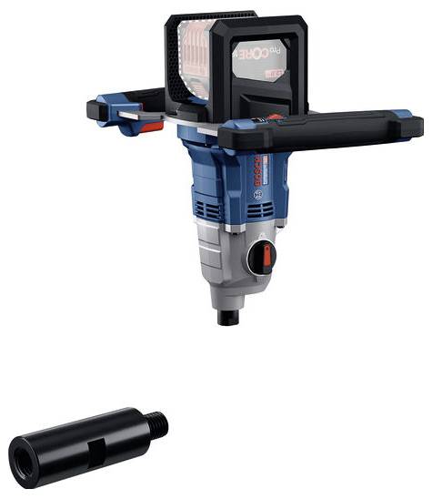 A blue Bosch drill hammer with two handles and a robust design. Beneath it lies a small black adapter piece.