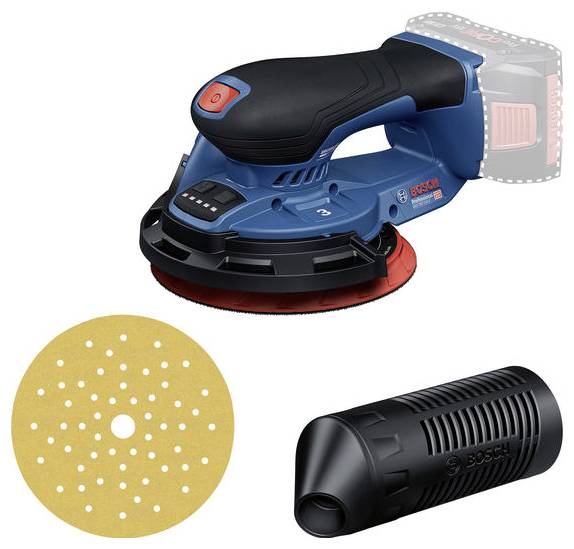 A blue Bosch cordless eccentric sander with round sanding paper and a black dust extraction attachment.