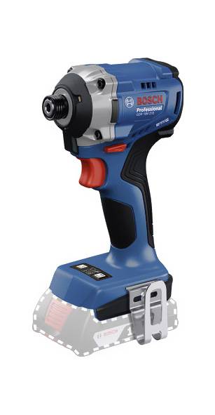 A blue Bosch cordless screwdriver without battery, with a red switch and silver head, stands upright. Suitable for professional applications.