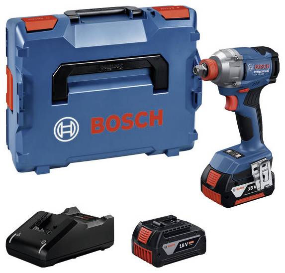 Cordless drill next to transport case, battery and charger. 'Bosch' on case and tool. Ideal for DIY projects.