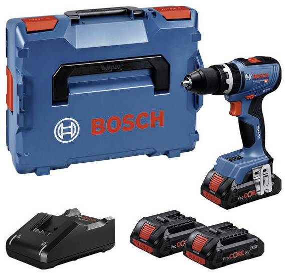 Bosch Professional cordless drill set, comprising a cordless drill, two batteries, a charger, and a carry case.