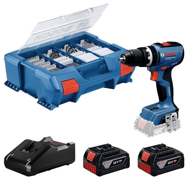 Cordless drill with case, charger and two 18V batteries. Bosch logo visible on the case and tool.