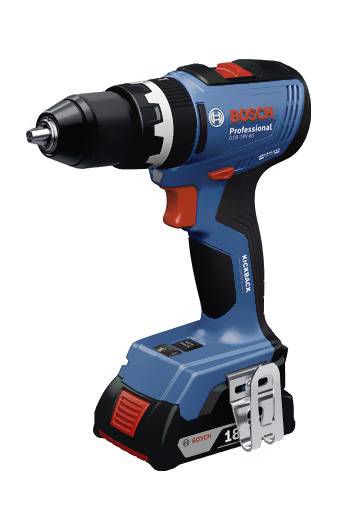 A blue Bosch cordless screwdriver with a black handle and red brand logo. It features a metal clip and an 18V lithium-ion battery.
