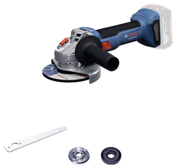 Battery-powered angle grinder with a blue casing and black-grey handle. Accessories: Tension spanner and two grinding disc attachments.