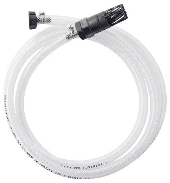 A white plastic hose with a black adapter and a strainer, presumably for use in a water filtration system.