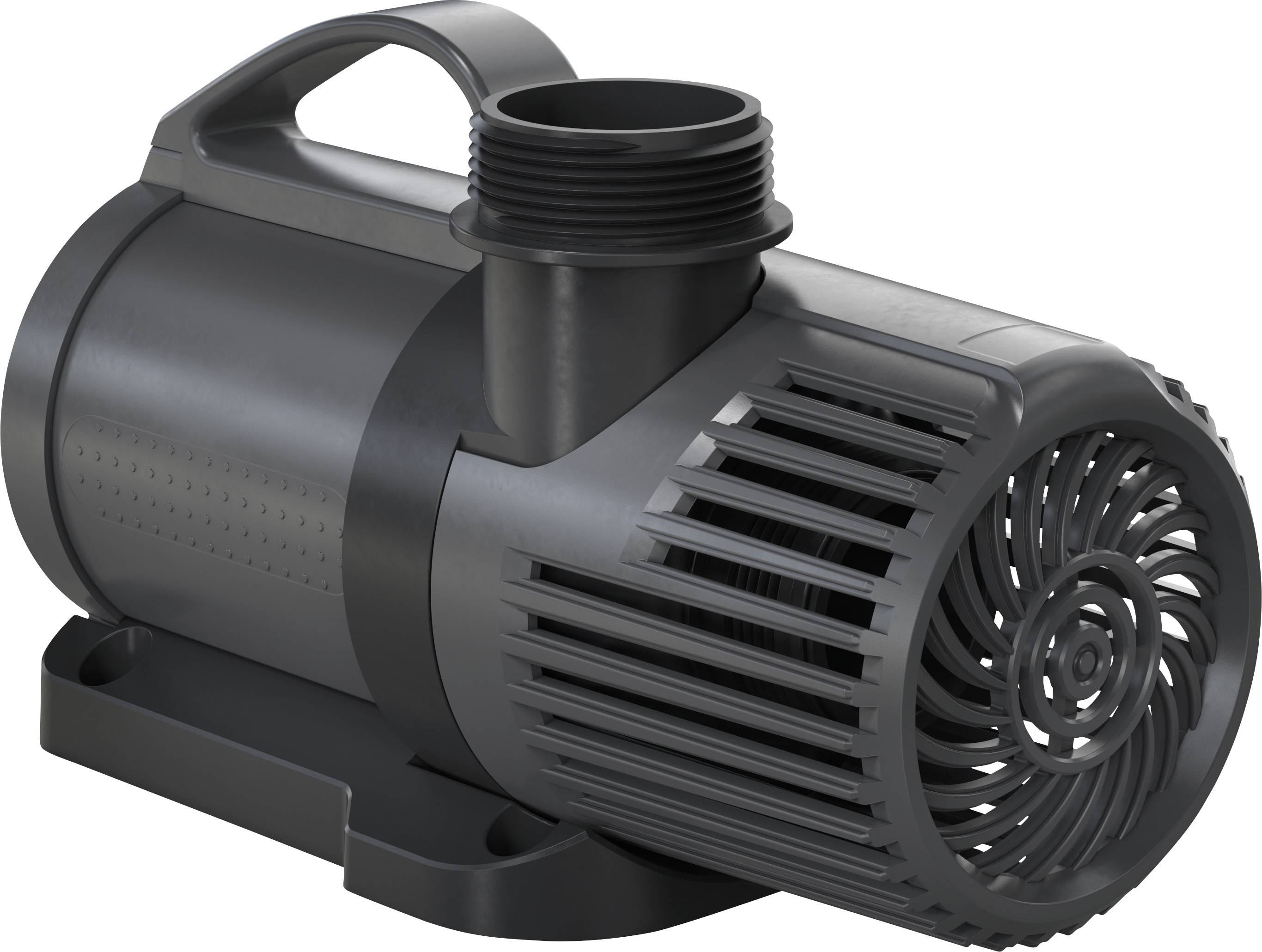 A black water pump with a cylindrical design and front intake grilles, featuring a handle on top, suitable for various applications.