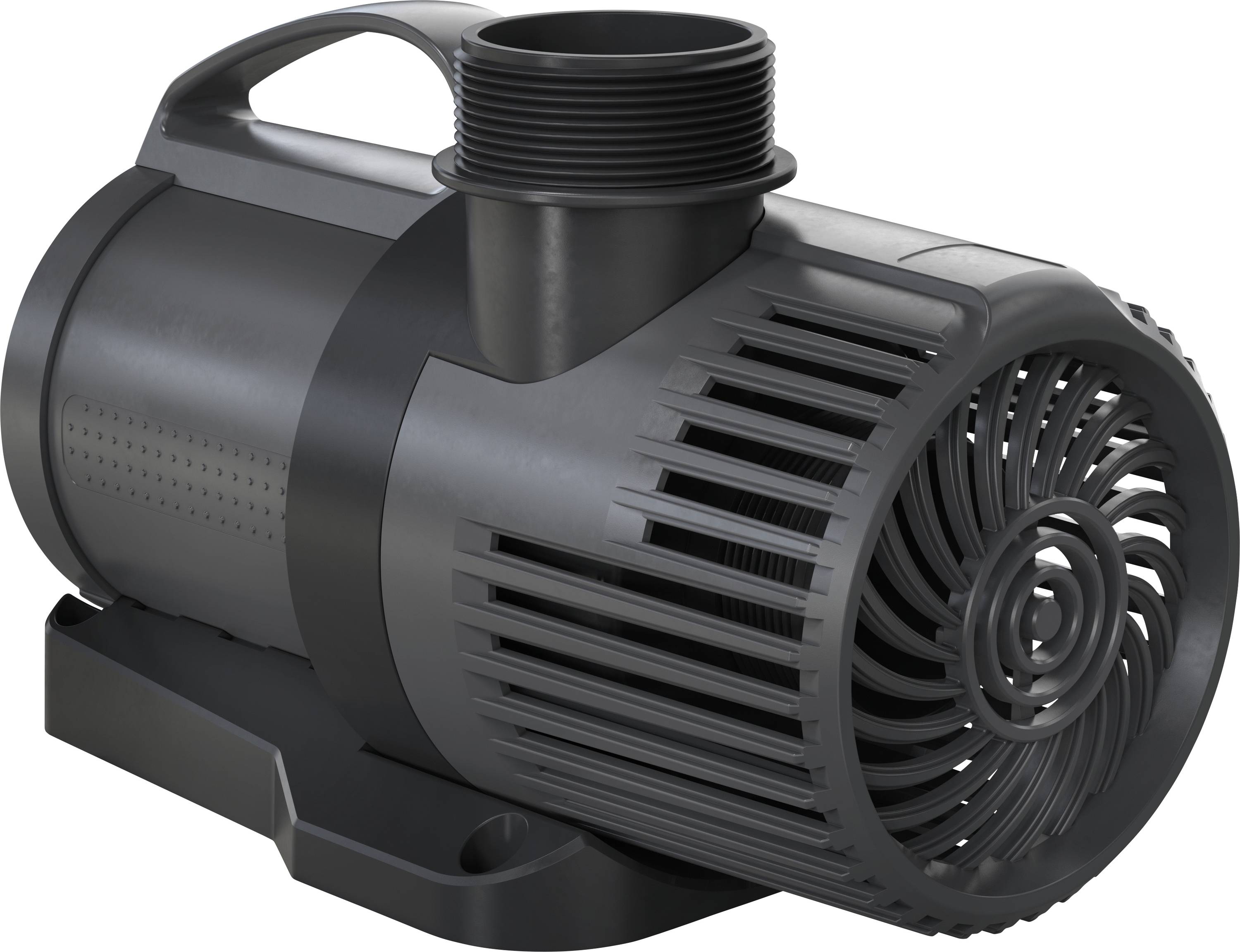 A black, compact water pump with dual intake and output connections, designed for efficient fluid movement in small to medium systems.