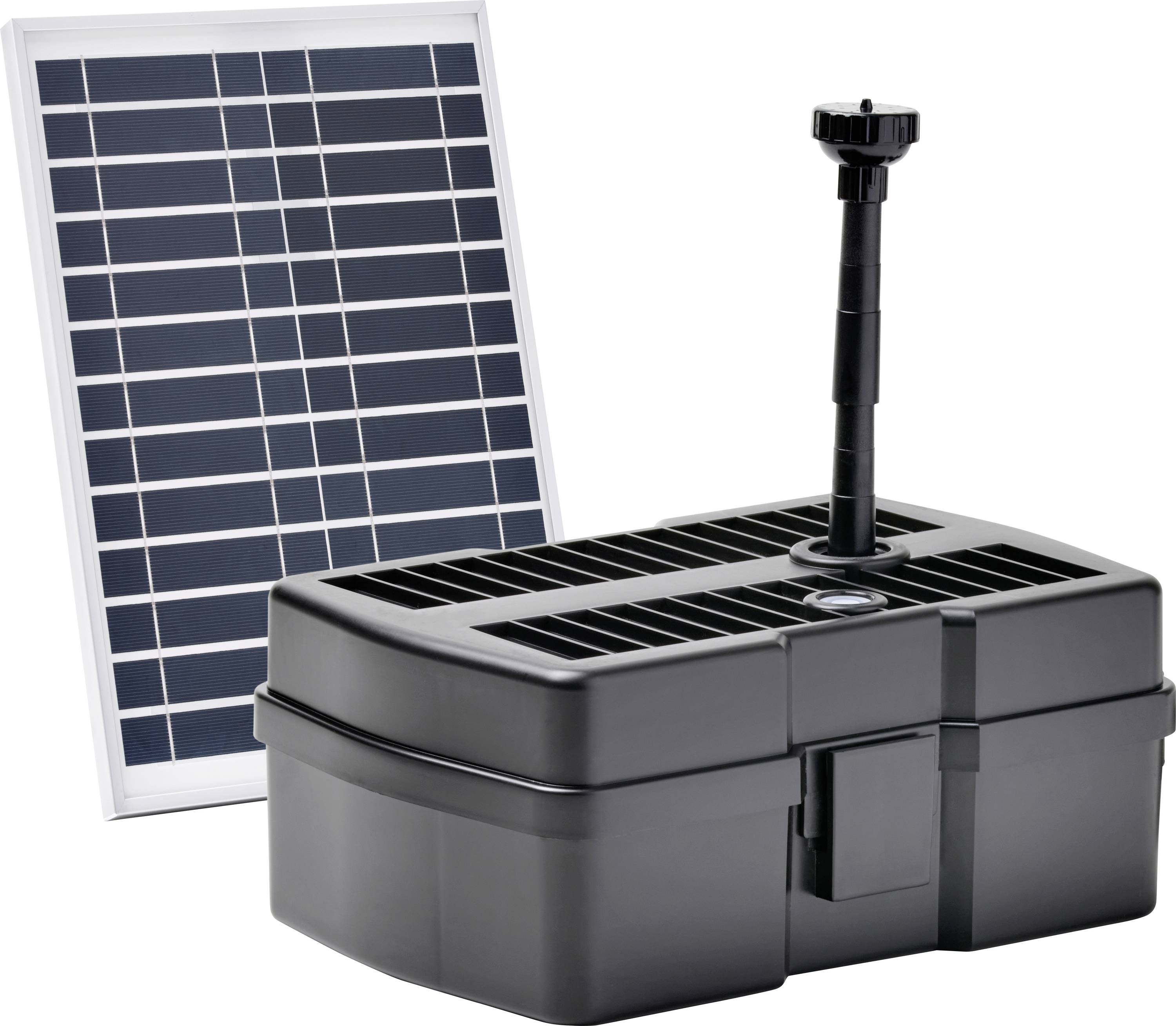 A small solar-powered fountain pump system, featuring a solar panel and water pump, designed for ponds or bird baths.
