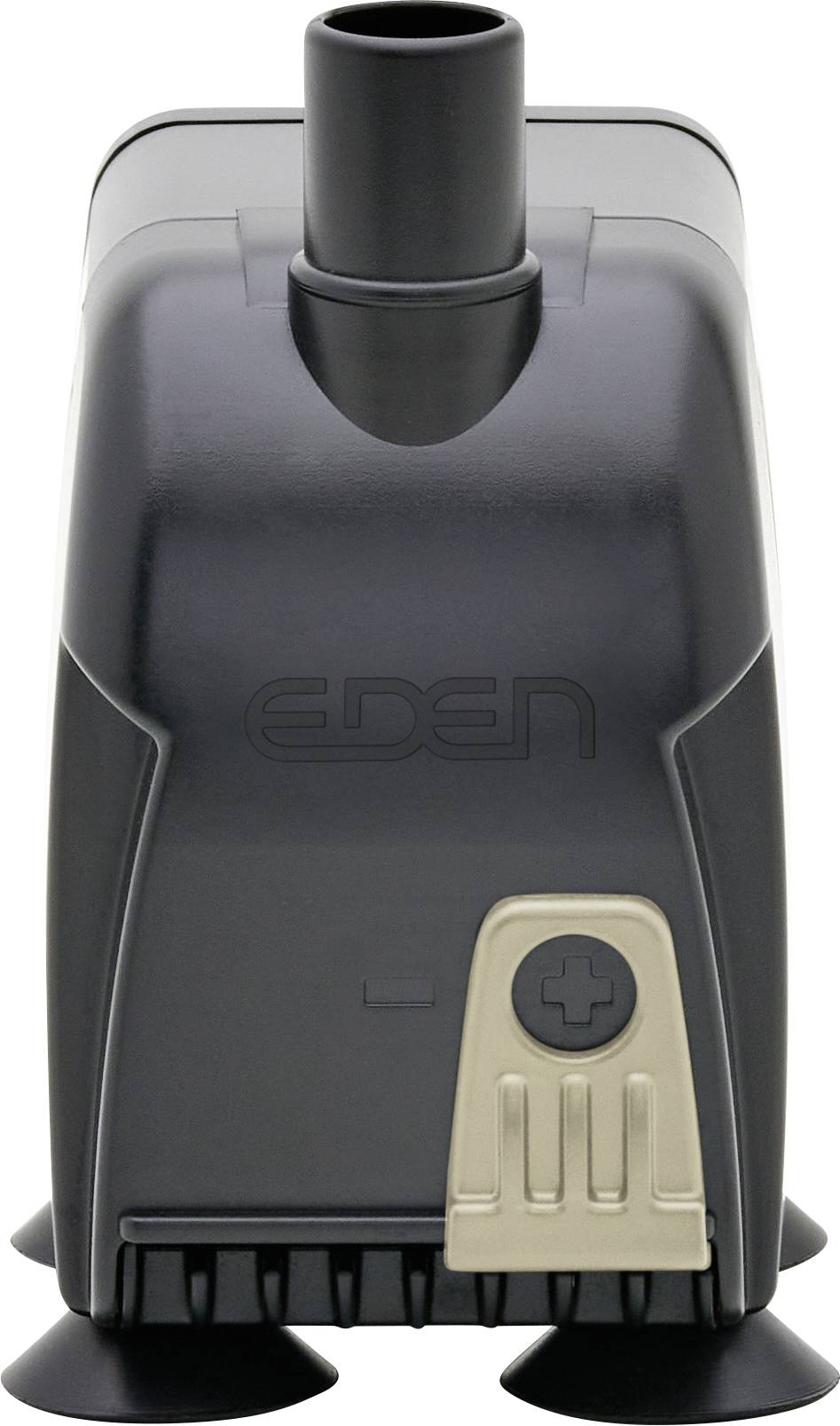 A black water pump with suction pads at the base and a prominent top outlet; the brand 'EDEN' is embossed on the front.