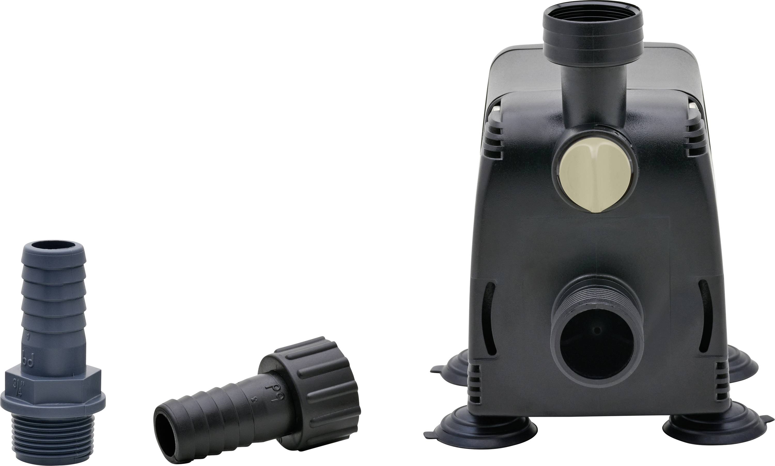 A water pump with three nozzle attachments. The pump has suction cups at the base, and the nozzles vary in size and design.
