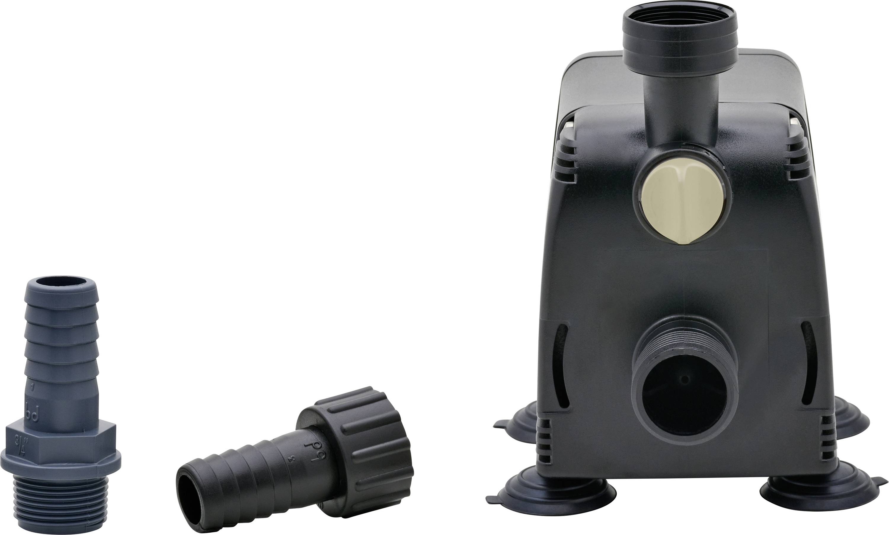A black water pump with four suction cups and two pipe fittings displayed separately on the left side against a white background.
