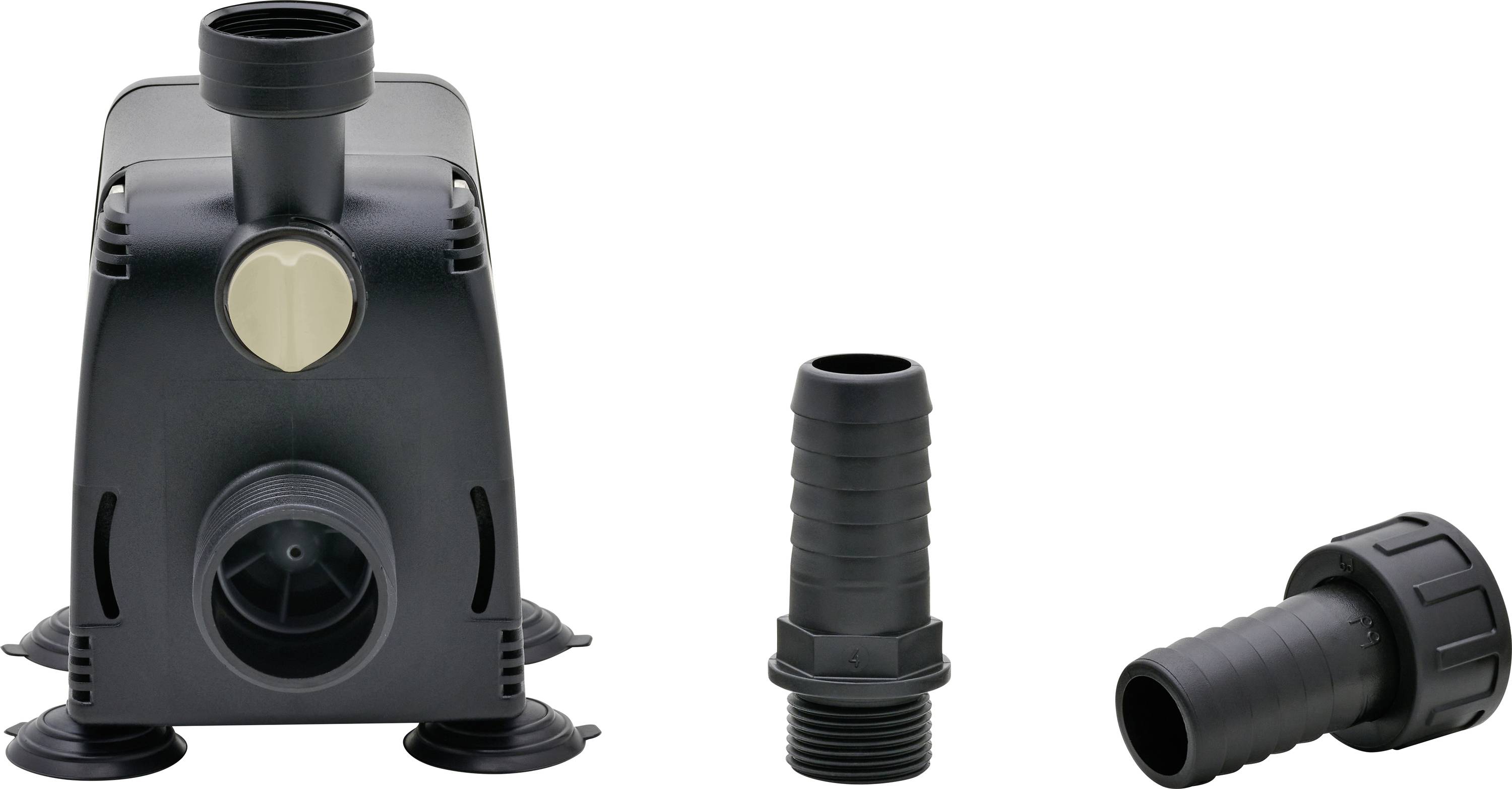 Aquarium water pump with two interchangeable fittings, shown separately. The pump has suction cups for stable placement.