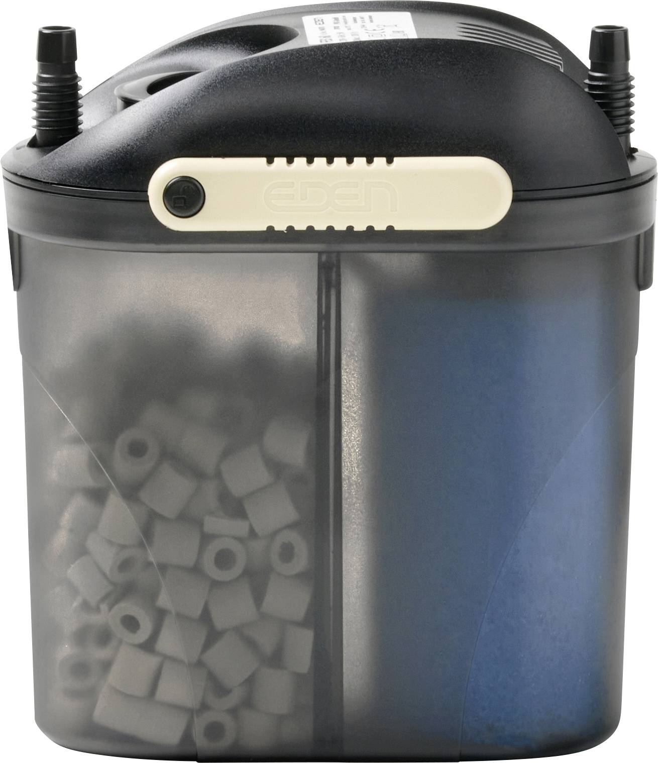 A canister filter with a transparent casing, showing white filter media and a blue sponge inside, used for aquarium filtration.