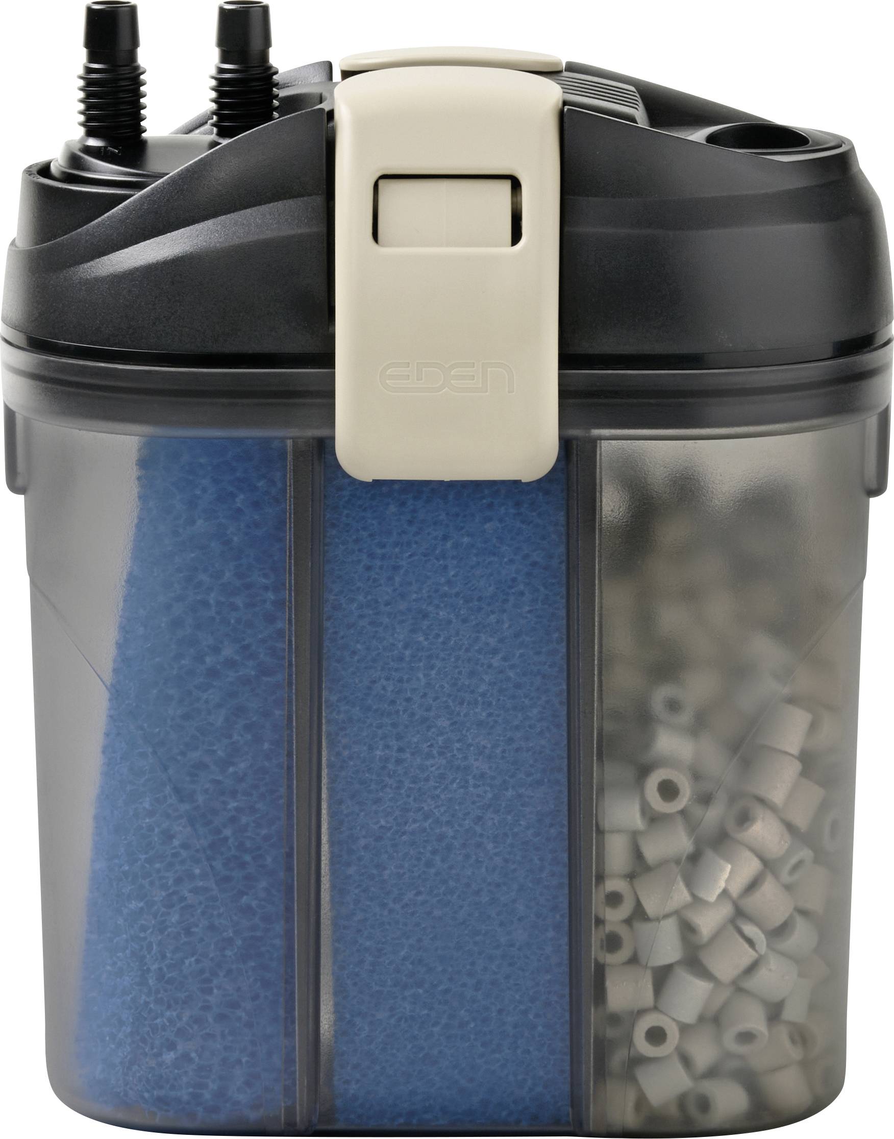 A transparent canister filter with sponges and ceramic rings, featuring intake tubes on top. Used for aquarium water filtration.