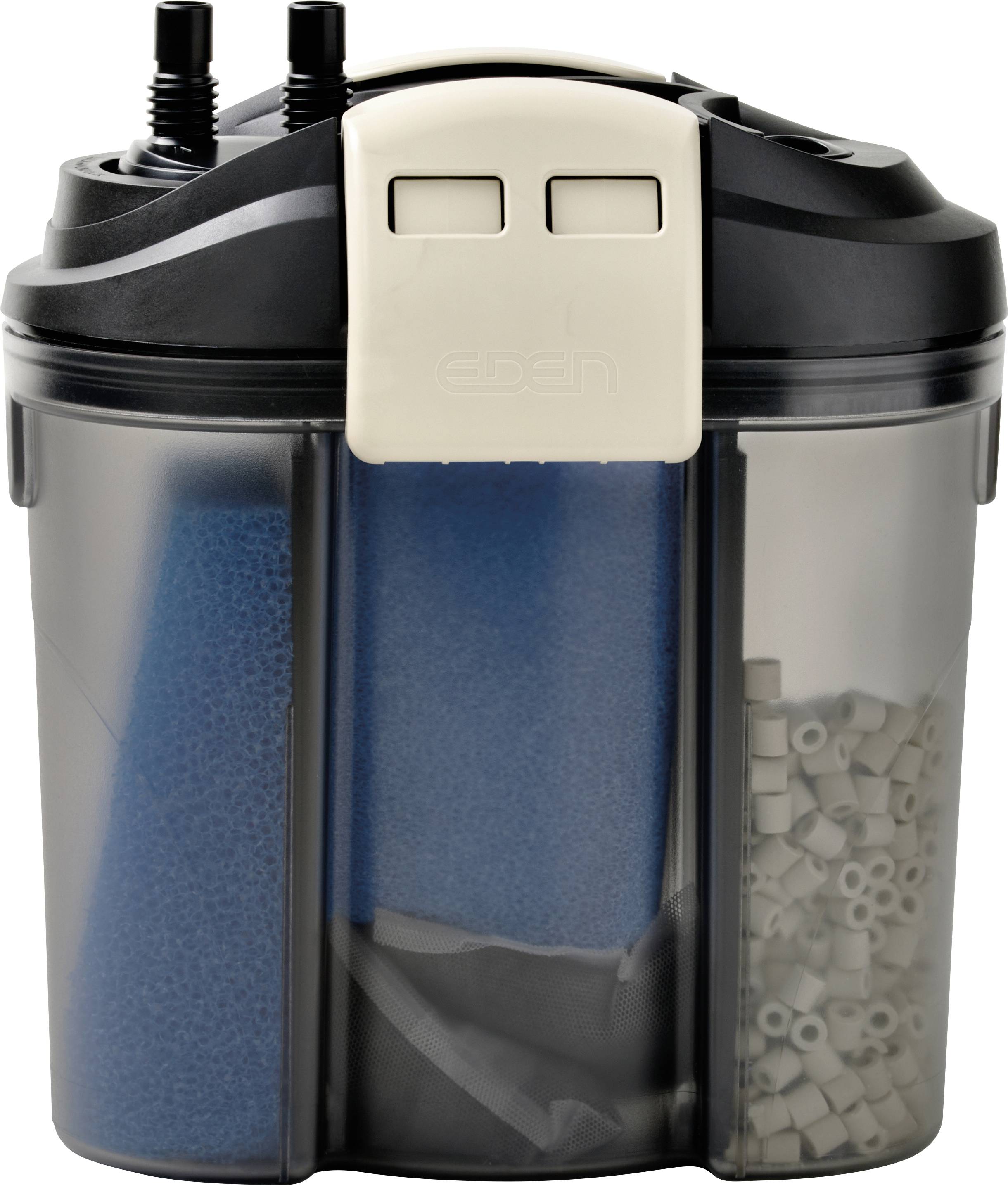 Aquarium filter with blue sponge and porous white media inside transparent casing, featuring two black tubes and a cream-colored clasp.