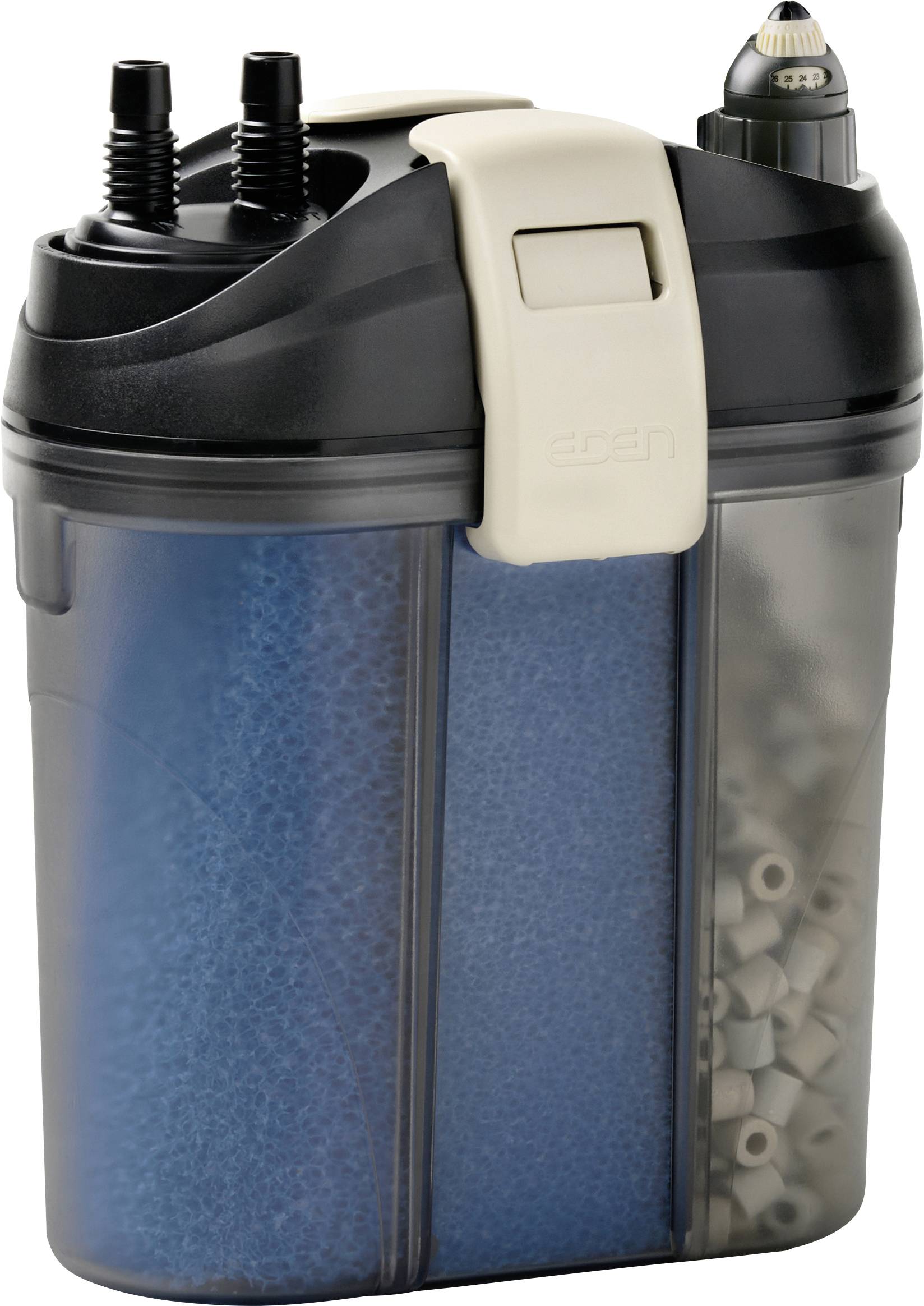 Aquarium filter with transparent casing showing blue sponge and ceramic rings inside, designed for efficient water filtration.