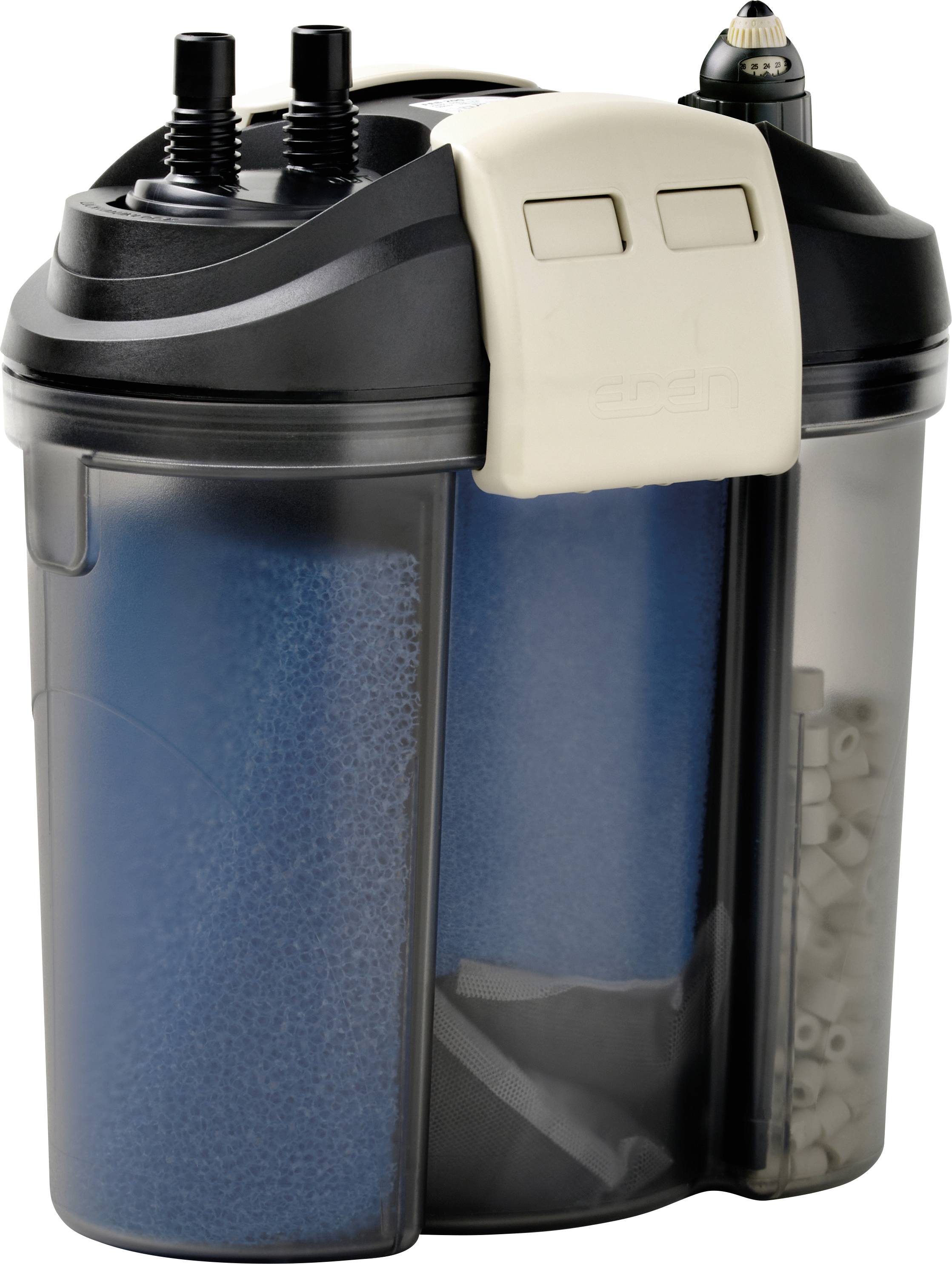 A black and beige aquarium canister filter showing internal components: blue sponge, and ceramic rings. Designed for water filtration.