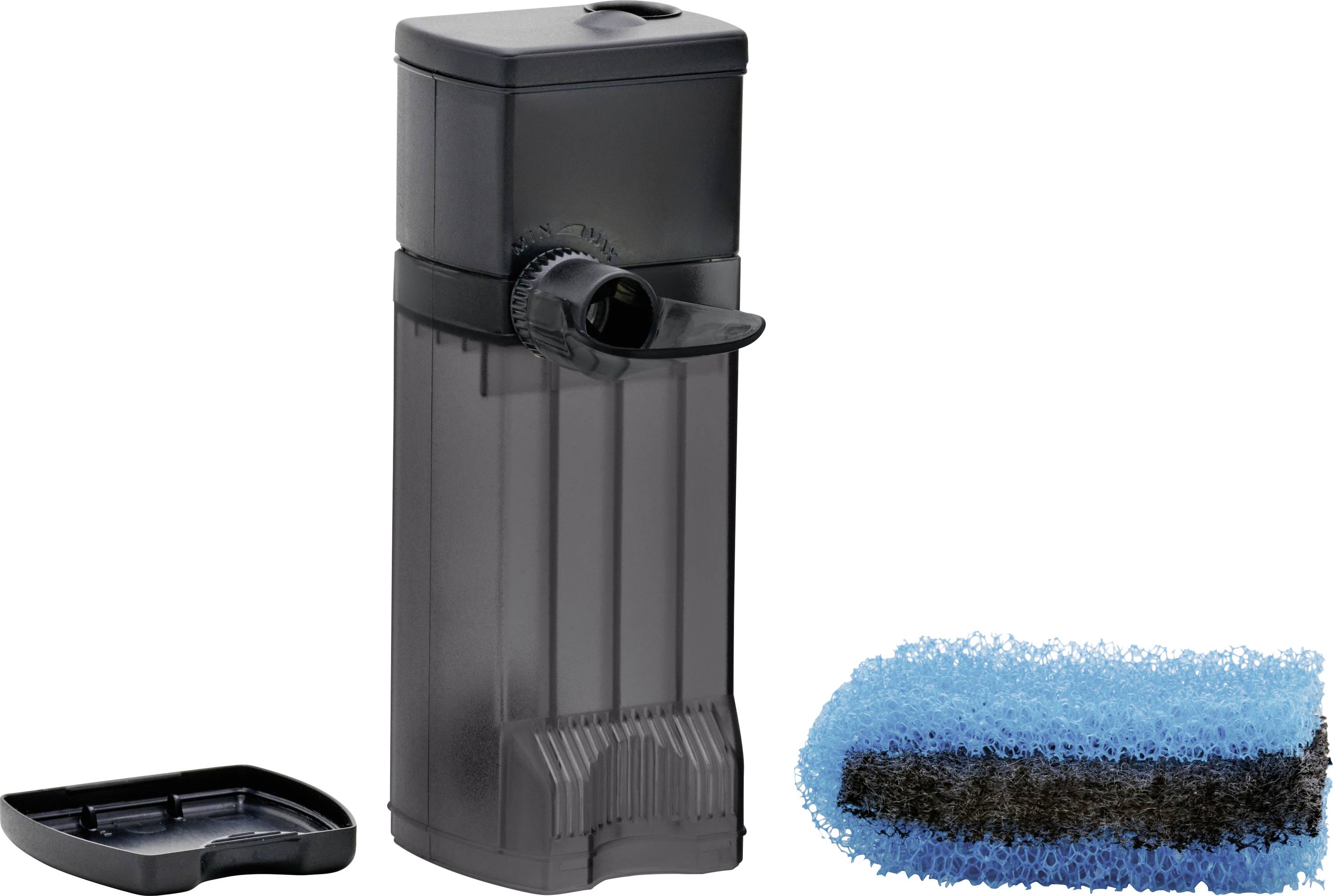 Internal aquarium filter with black case, detachable lid, and blue filter sponge for water purification and aeration.