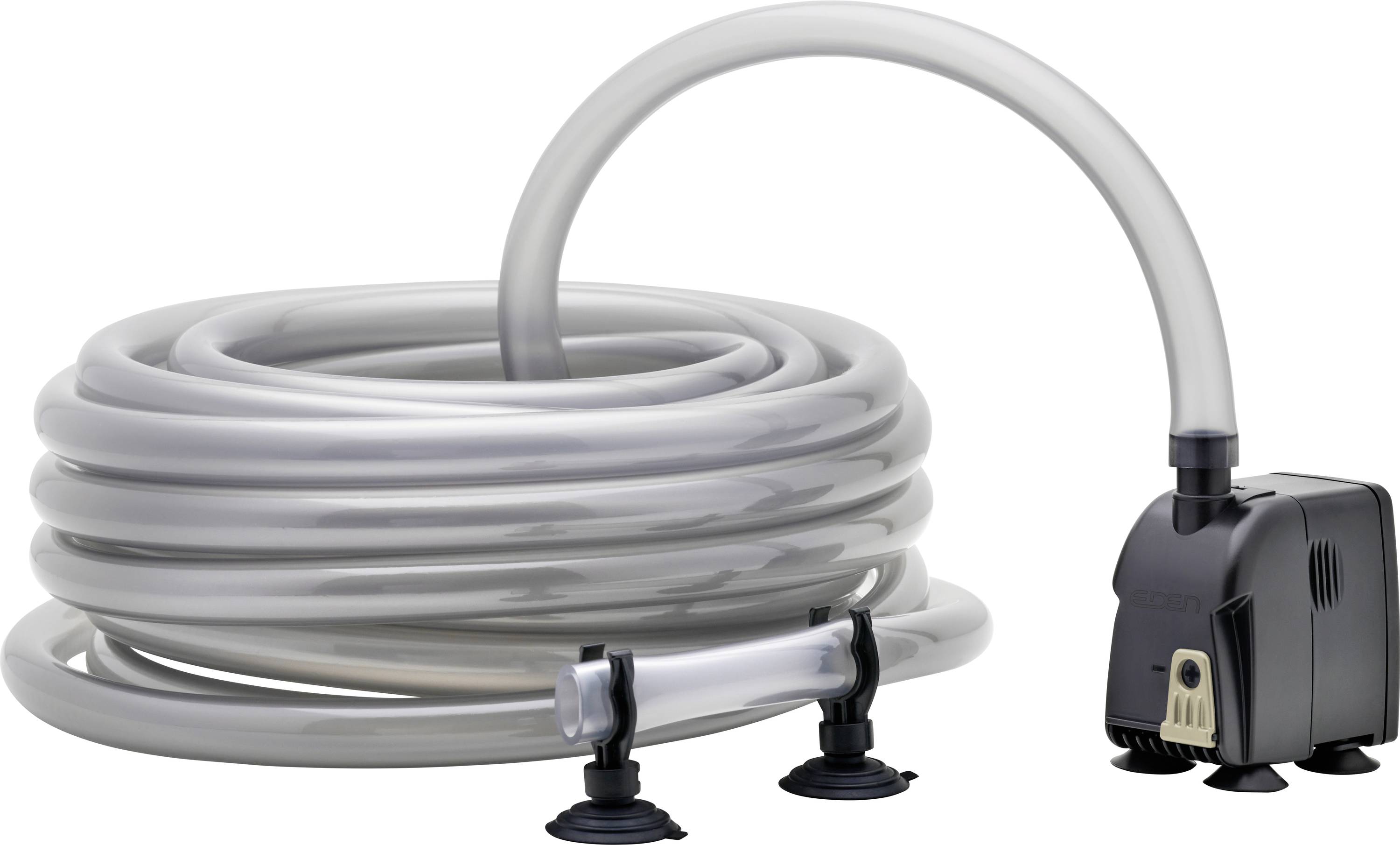 A coiled clear tubing connected to a small black water pump with suction cup feet, likely used for aquariums or water features.