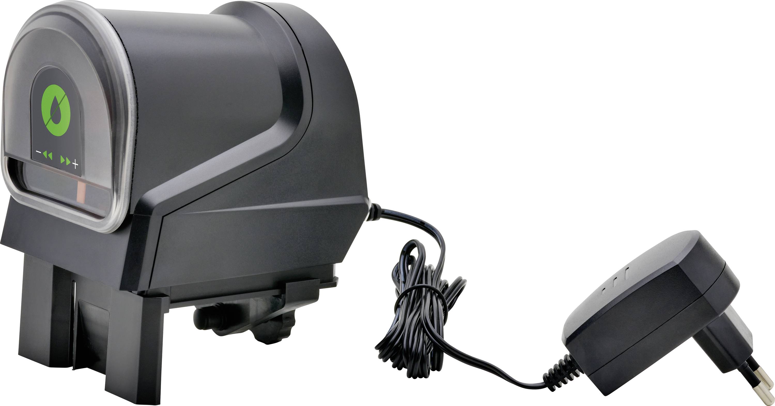 A black electric pencil sharpener with a green power button is connected to a plug-in power adapter, positioned on a white background.