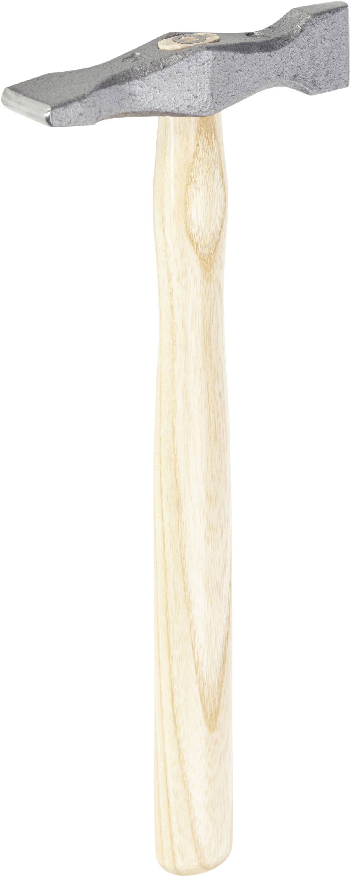 A hammer with a wooden handle and a metal head, shown from the side. Primary tool for craftwork.