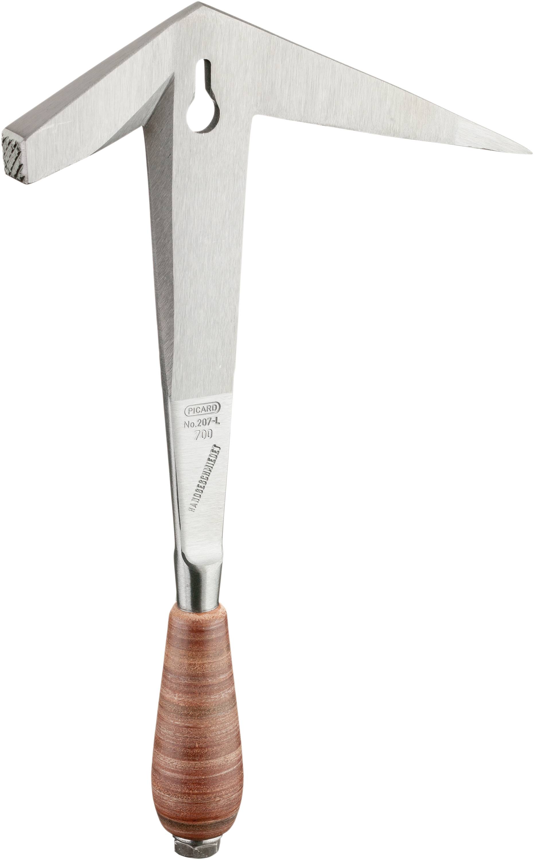 A geologist's hammer with a wooden handle and triangular metal head, combining a flat hammer and a pointed pick.