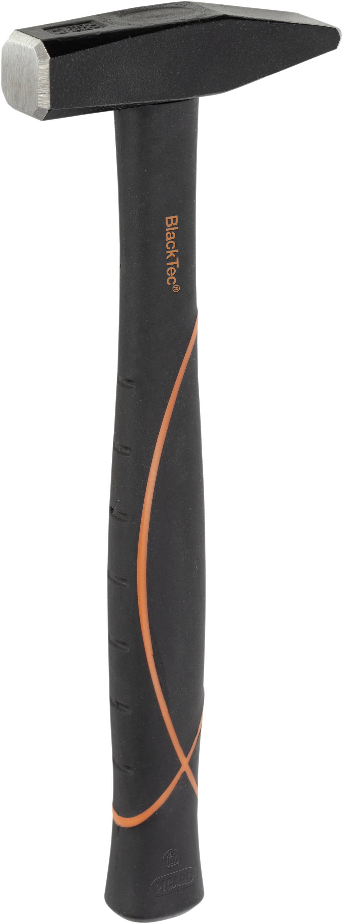 A hammer with a black handle and orange design. The head is made of metal. Suitable for light to medium-weight tasks.
