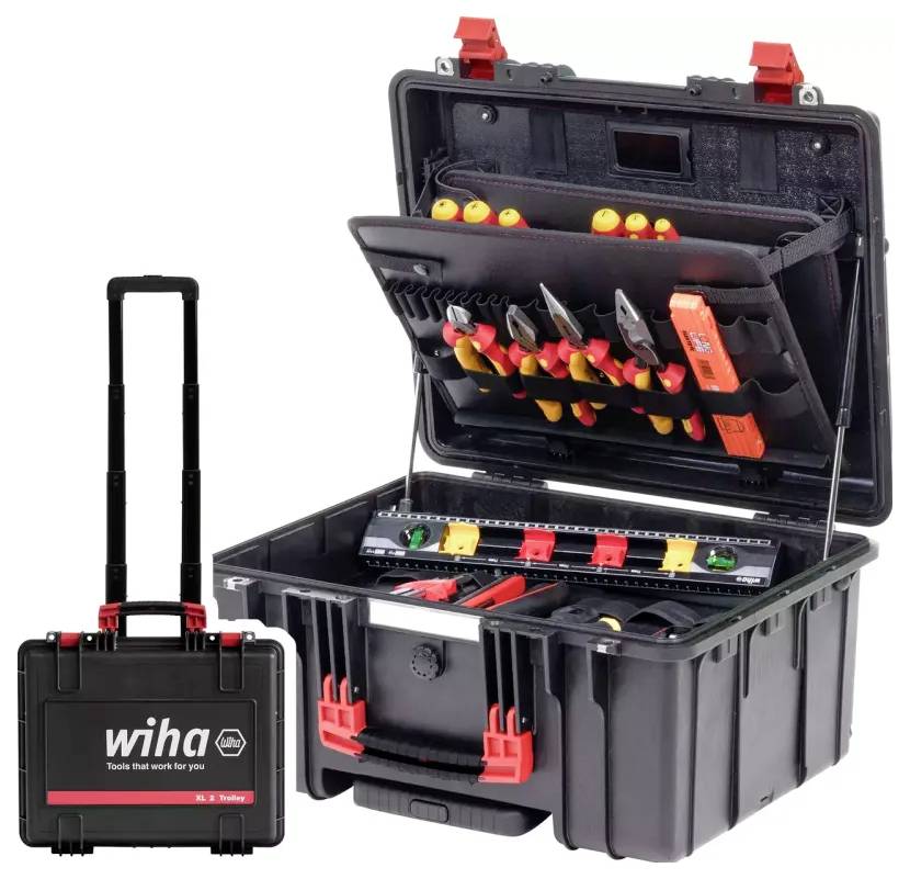 Black toolbox with an open compartment, showing various isolated tools. The closed case bears the 'wiha' print.