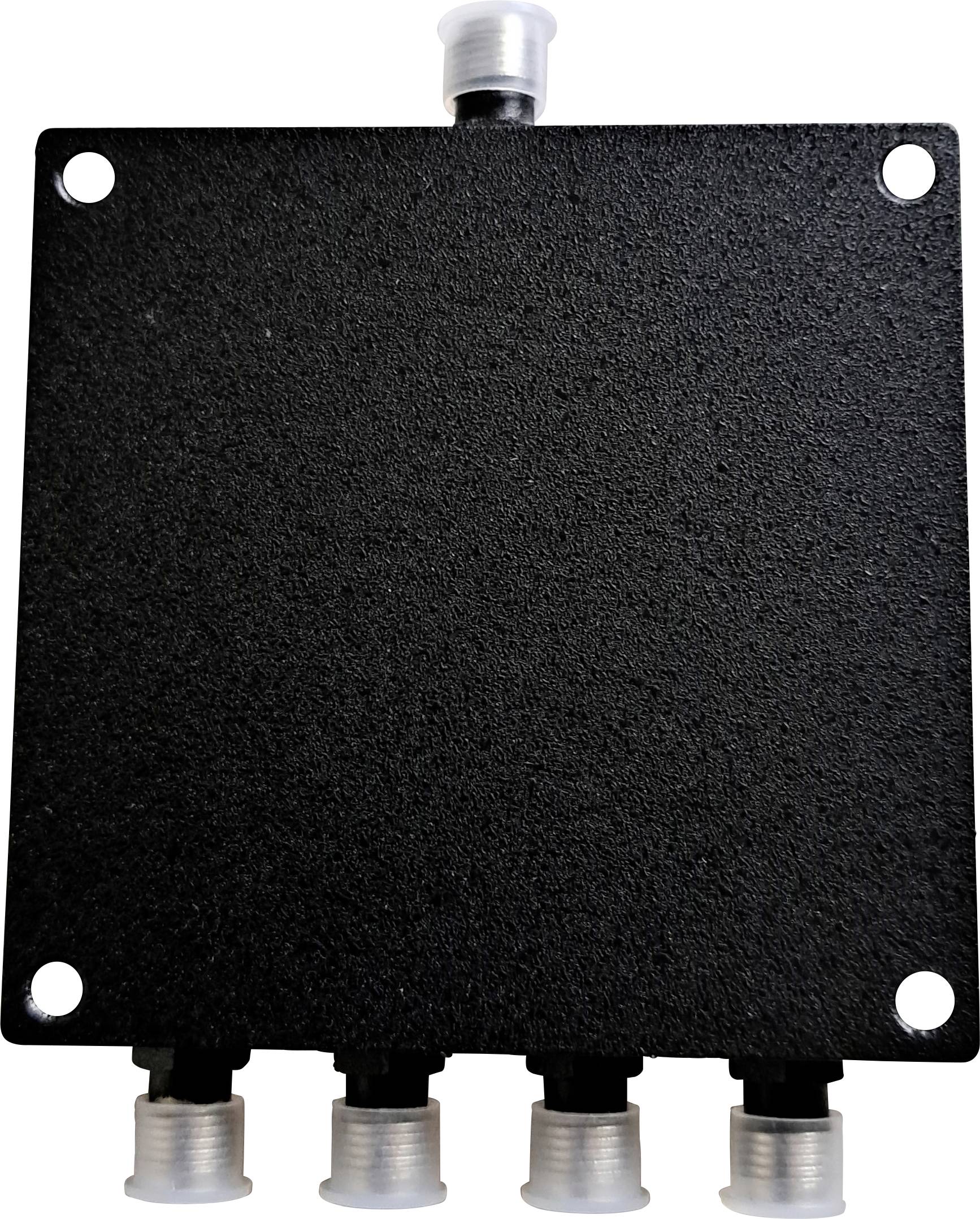 A black, square distribution box with five silver-coloured sockets on the underside and an opening on top.