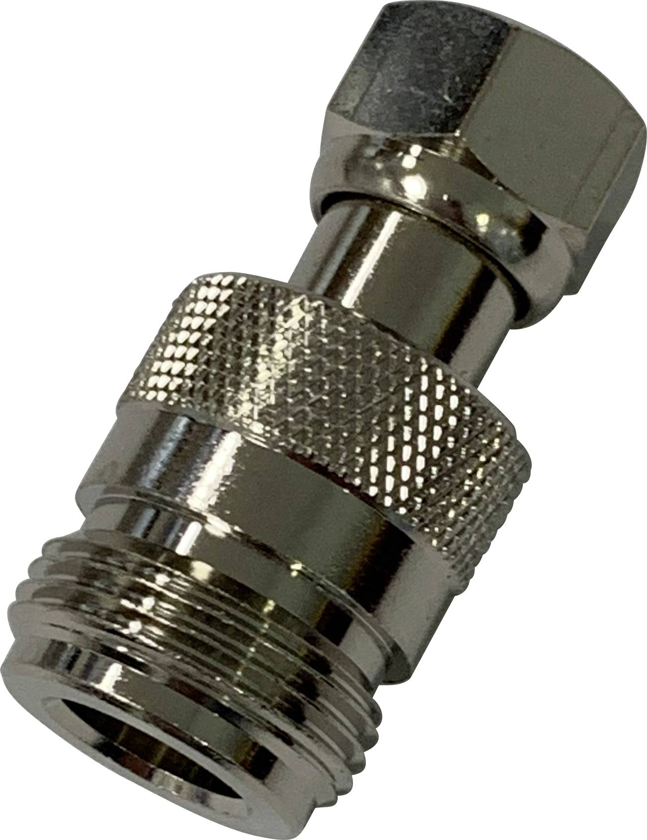 A shiny metal adapter with a knurled handle and threads at both ends, likely for pipes or hoses.