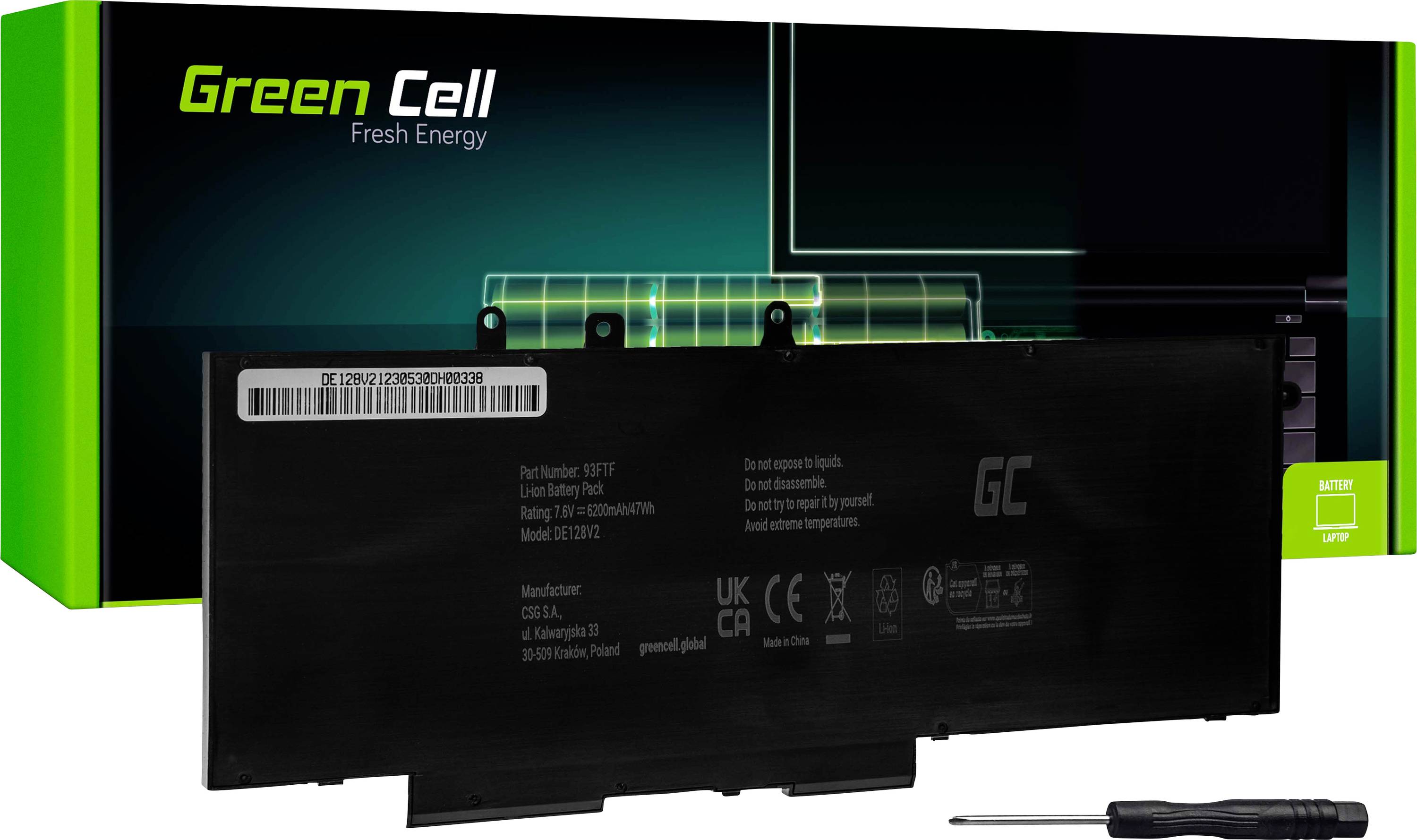 'Green Cell' Laptop Battery, Model J60J5, with Screwdriver. Packaging in the background. High-quality product for notebooks.