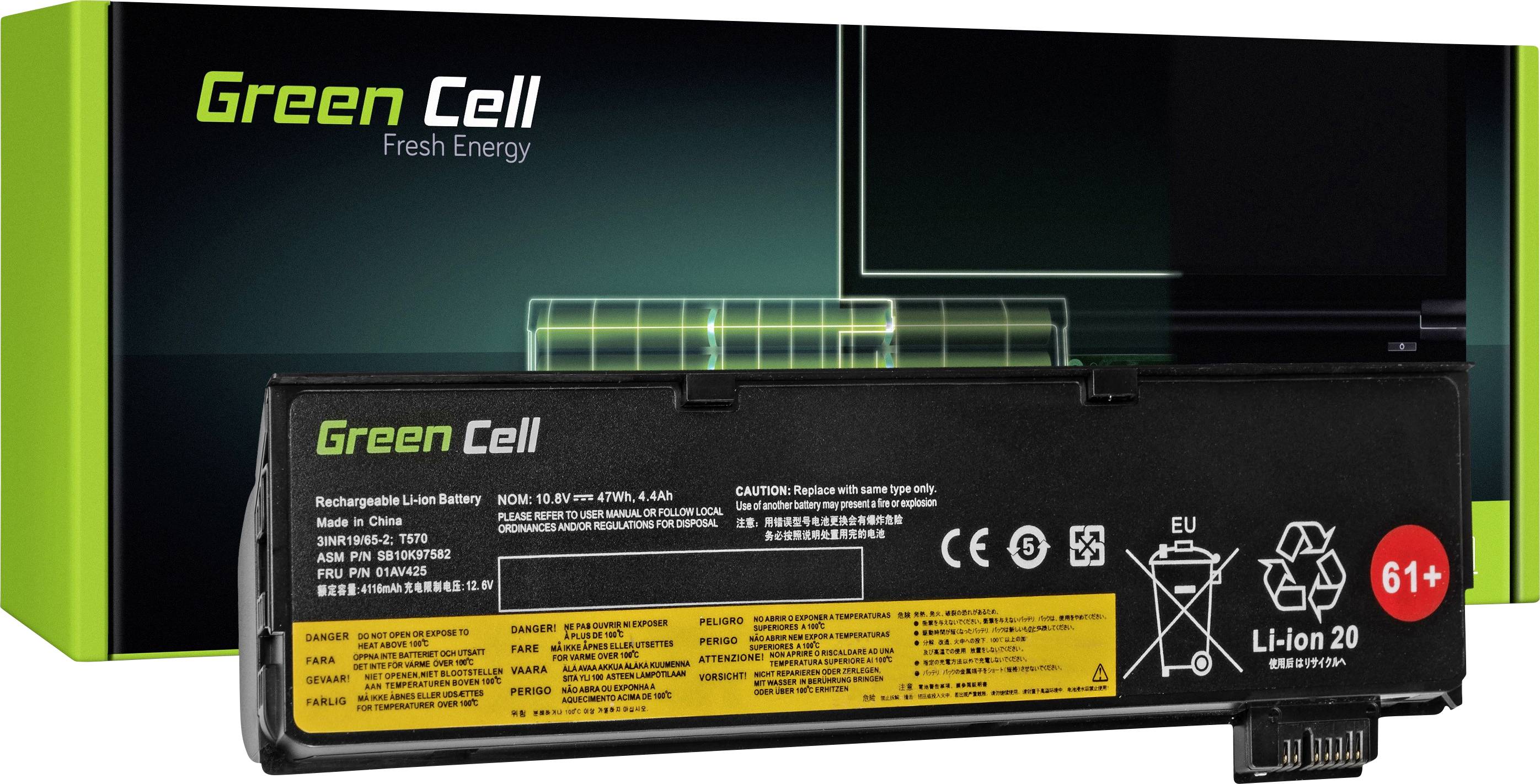 A Green Cell laptop battery, model Li-Ion 20, positioned in front of its packaging. The battery displays safety and usage instructions.