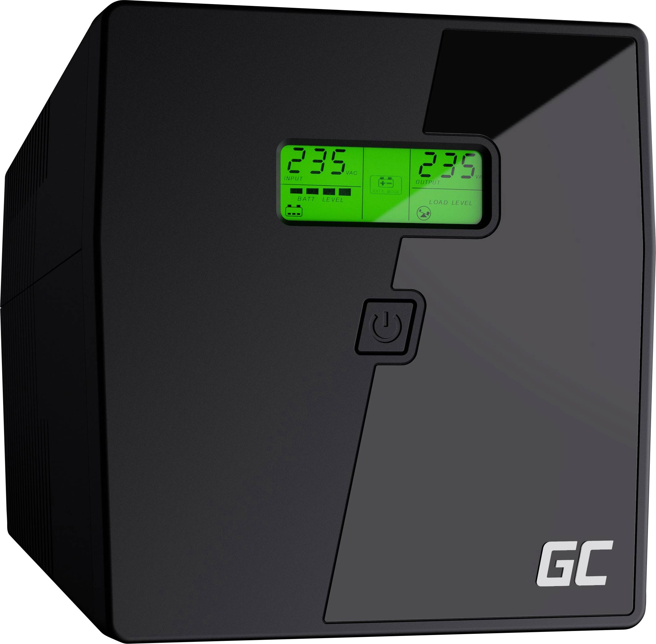 Black rectangular device with a green display, showing numbers '235' and symbols. A button in the centre at the bottom, marked with 'GC'.