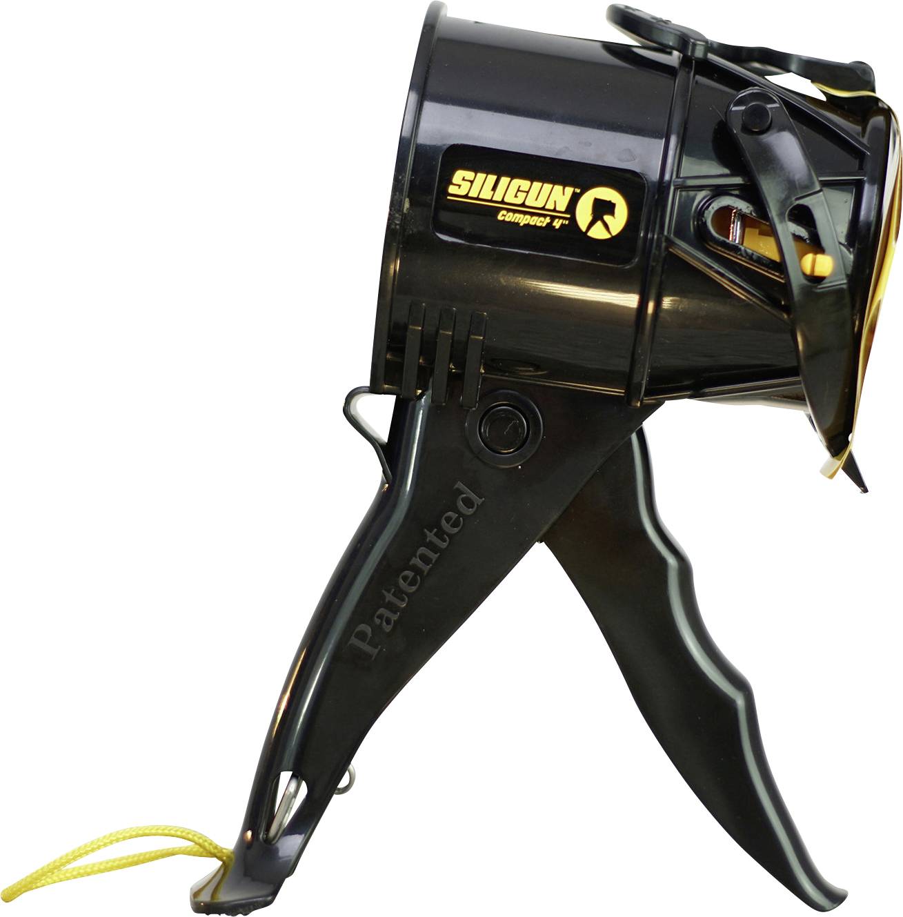 Black hot glue gun with yellow 'Siligun' brand logo. Designed for handy and precise gluing.