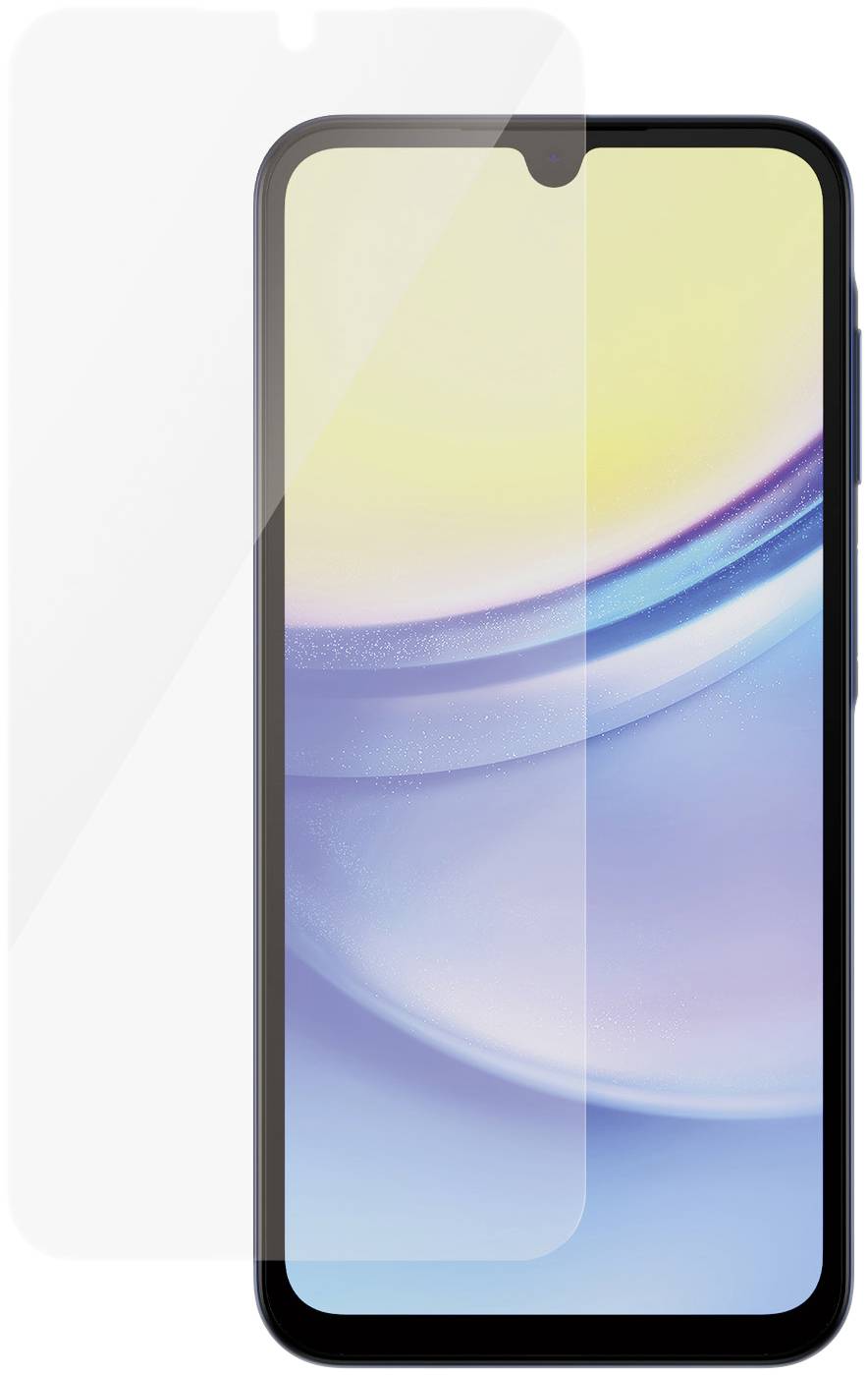 Smartphone with a blue-yellow screen and a transparent screen protector on the front.