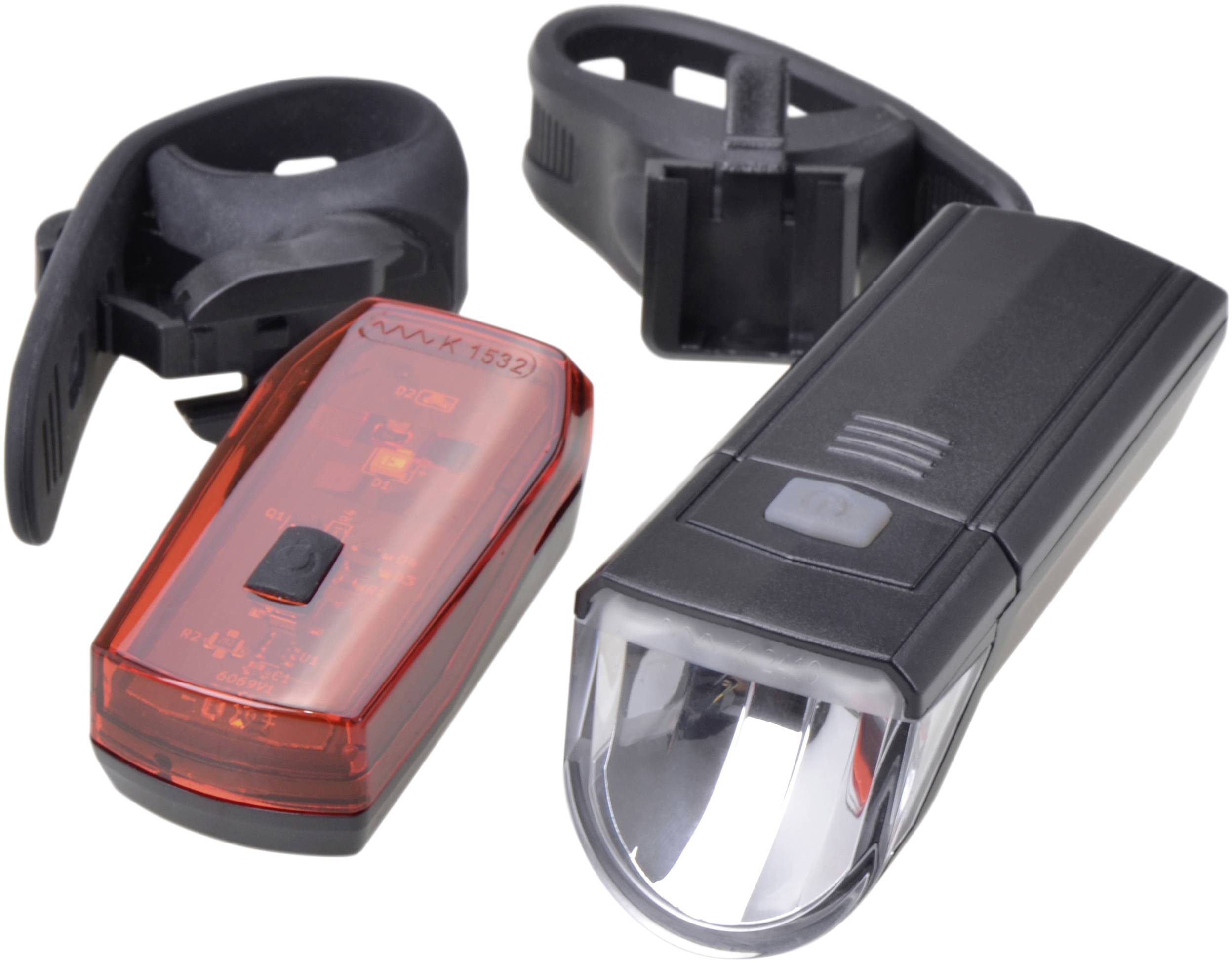 Two bicycle lights: a red rear light and a white front light, both with black mounting brackets for attaching to the bicycle.