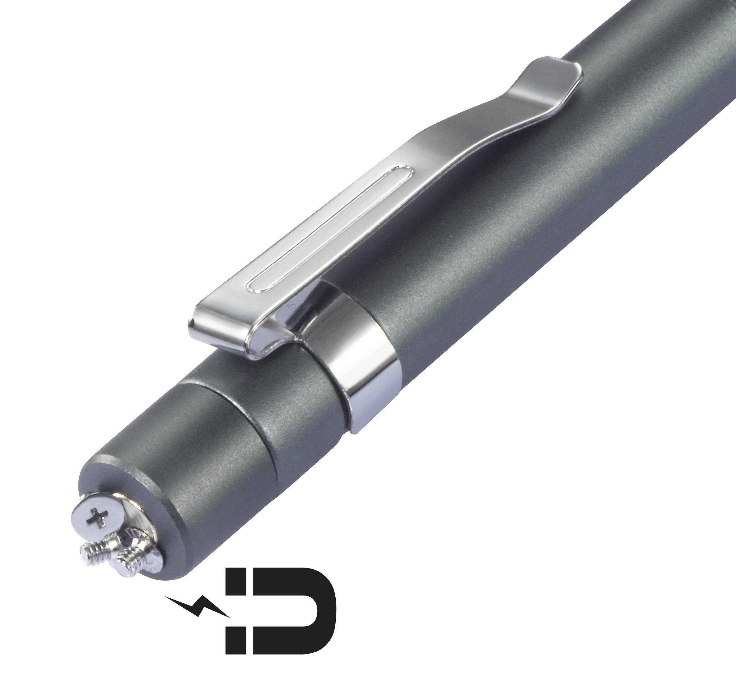 A grey pen with a silver clip and magnetic end lies on a light background. A magnet symbol is depicted in the bottom right.