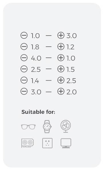 List of voltage values with positive and negative poles, suitable for glasses, computer fans, watches and screens.