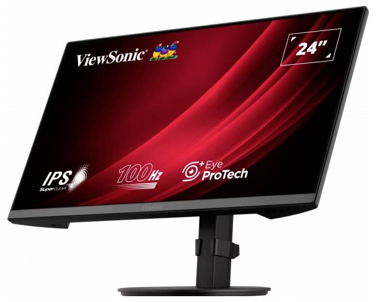 A 24-inch monitor from ViewSonic with an IPS panel, 100 Hz refresh rate and Eye-ProTech technology, demonstrates ergonomic design.