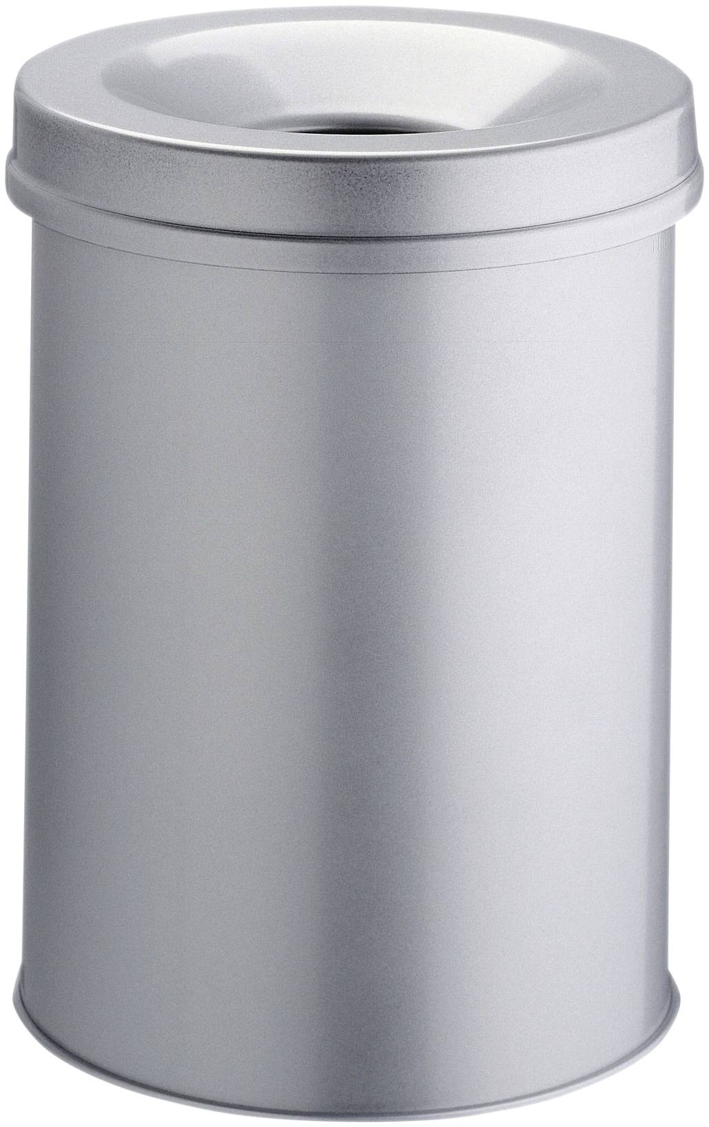 A silver metal rubbish bin with a rounded lid and a central slot for waste.